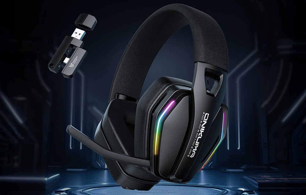 Onikuma gaming headphones on futuristic background, adapter floating next to it