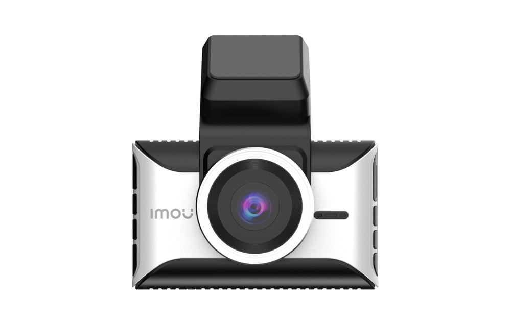 Silver-black Imou dashcam with a centrally positioned lens, front view on a white background