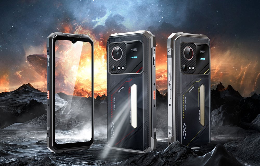 Three HOTWAV smartphones presented against a cosmic landscape with a planet exploding in the background.