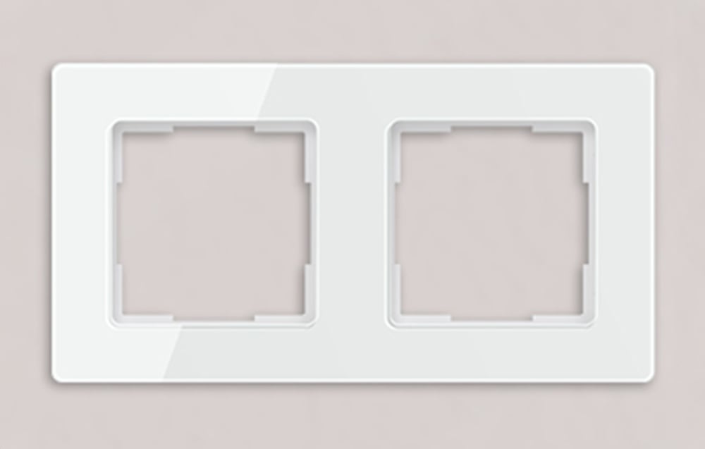 White, double glass frame for mounting electrical accessories, front view on a smooth background.