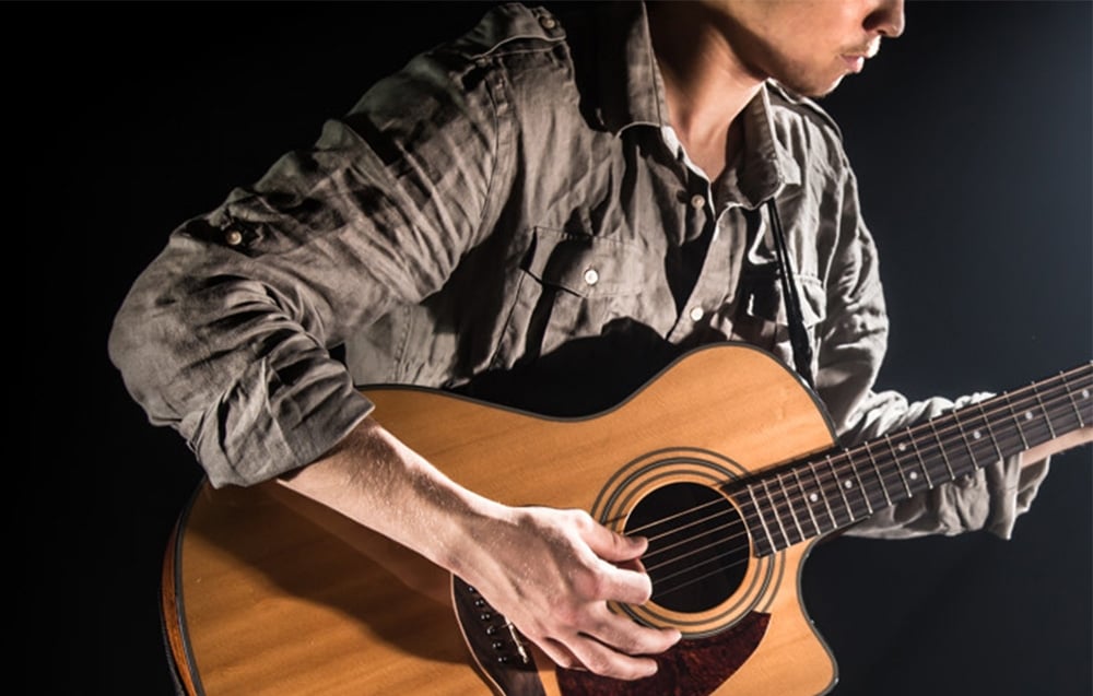 a man playing a guitar, the sound of which is recorded by the Maono WM622 PC2 microphone