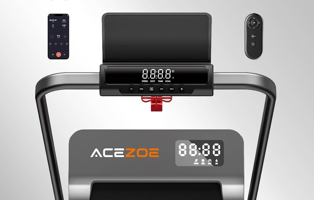 ACEZOE treadmill with a display, with a smartphone and remote control placed above it