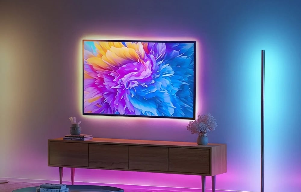 Visualization of a living room with a TV, behind which colorful decorative tape glows. An elongated lamp stands next to it.