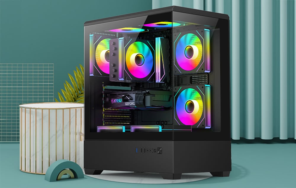 Black PC case with colorful fans in an aquamarine setting