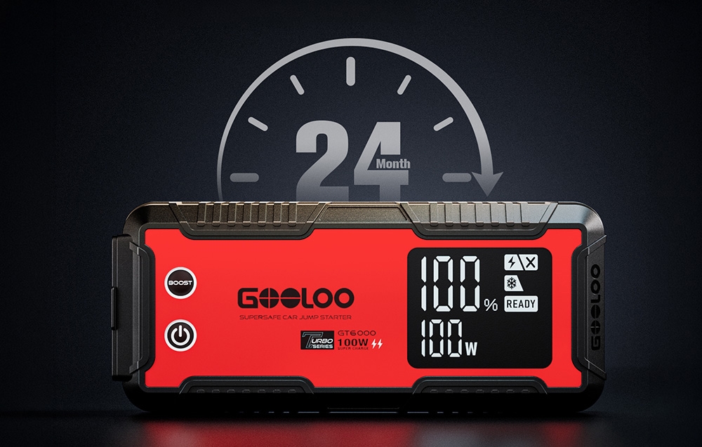 Car jump starter marked with a 24-month warranty against a clock background