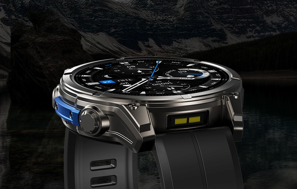 Close-up of side profile of smartwatch with metal envelope and blue strap on dark background