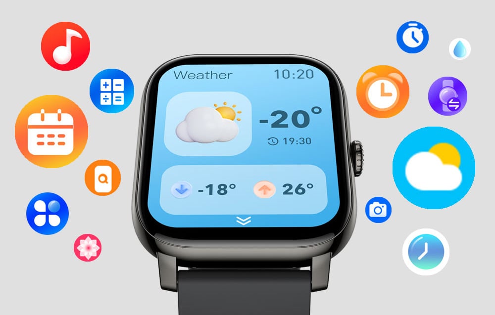 The smartwatch screen displaying a weather app, surrounded by colorful system function icons