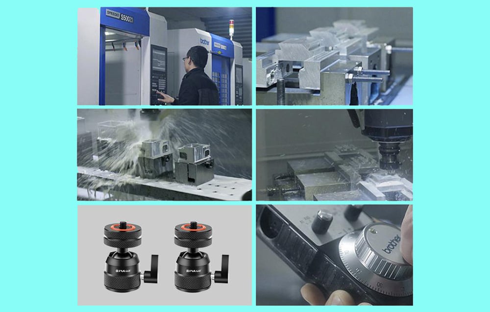 A collage of photos showing the production process of ball heads in the CNC factory