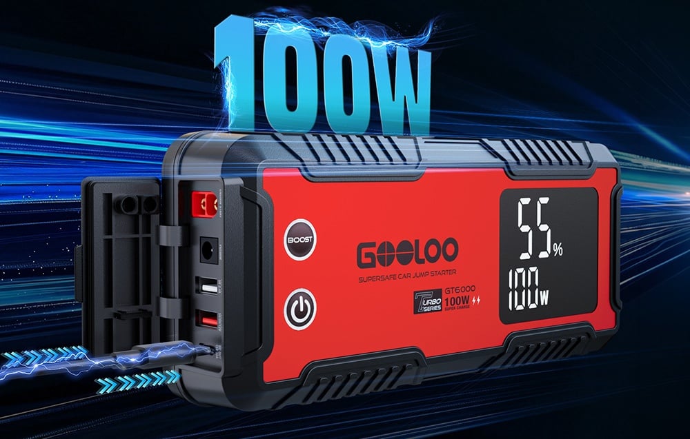 Car jump starter marked 100W with open ports against a graphic background