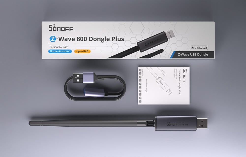 Sonoff Z-Wave gateway kit with antenna, cable, user manual, and packaging