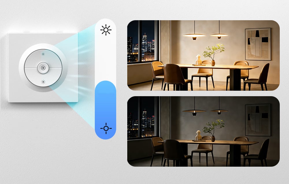 Wall switch with adjustable brightness, on the right a dining room with strong light and soft lighting