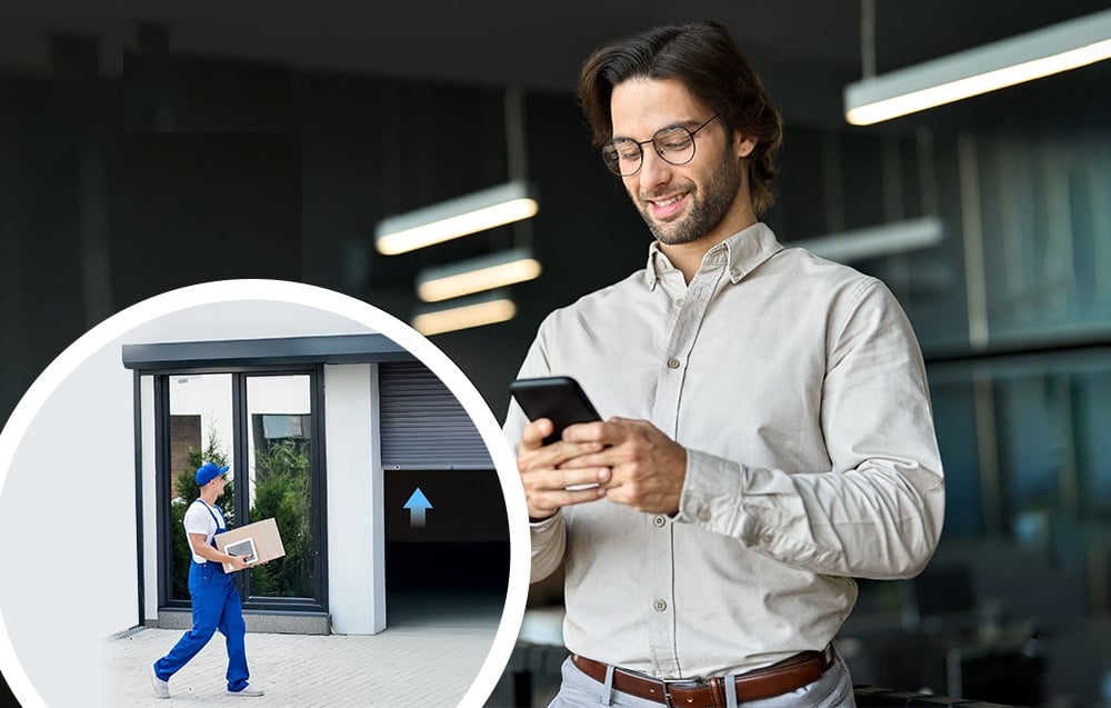 Man controls garage door via mobile app, visible courier in background