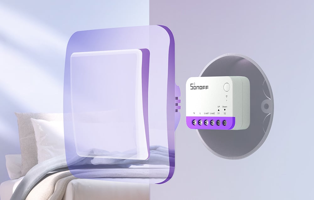 A white Sonoff control module mounted in a round frame next to a purple mirror in the living room