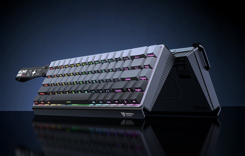 2 black Onikuma gaming keyboards leaning against each other