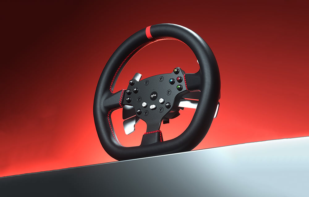 PXN-V10 Pro steering wheel with multiple buttons and controls set against a red background