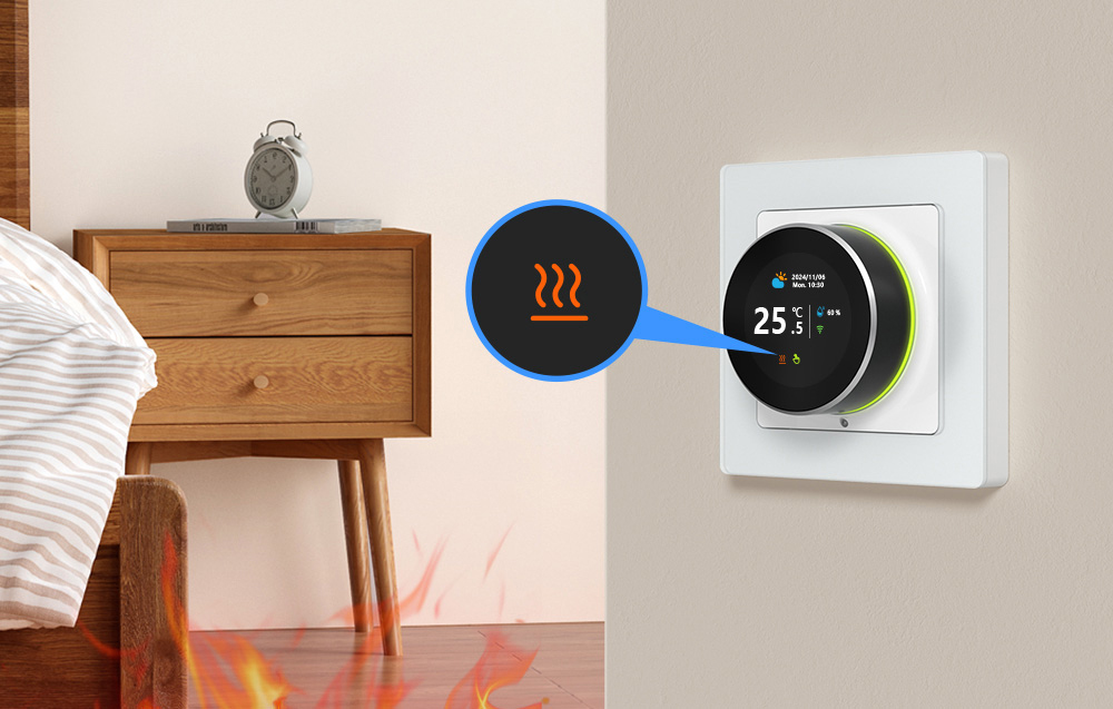 Smart thermostat with overheat protection attached to the wall