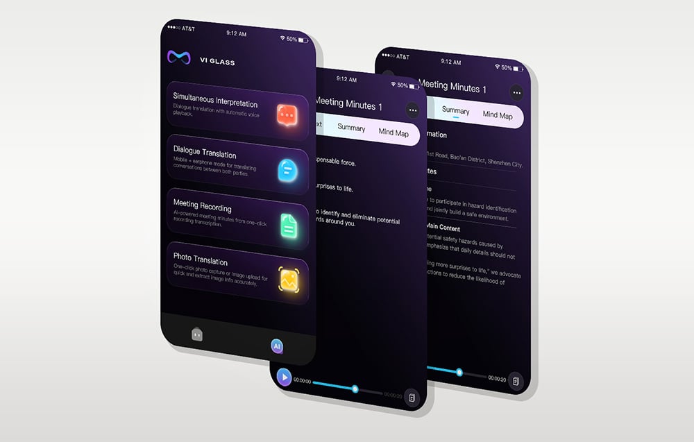 Mobile app screens showcasing conversation translation, meeting recording, and note-taking features.