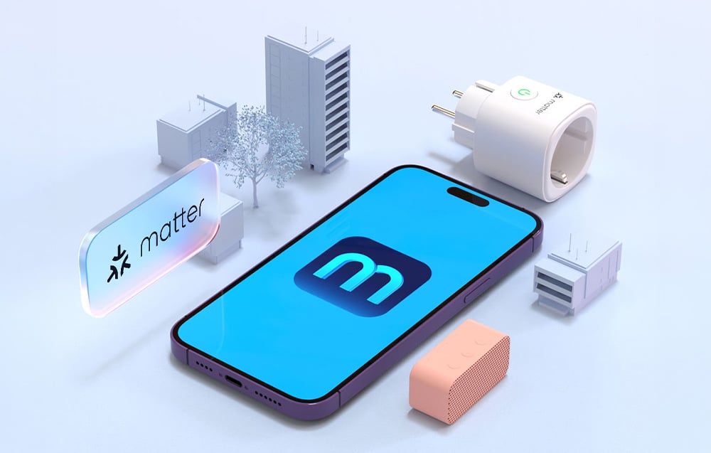 Smartphone on a bright background next to smart plugs