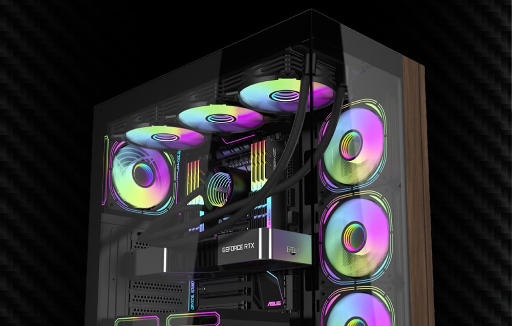 Darkflash DS900W computer case in black color on a dark background.