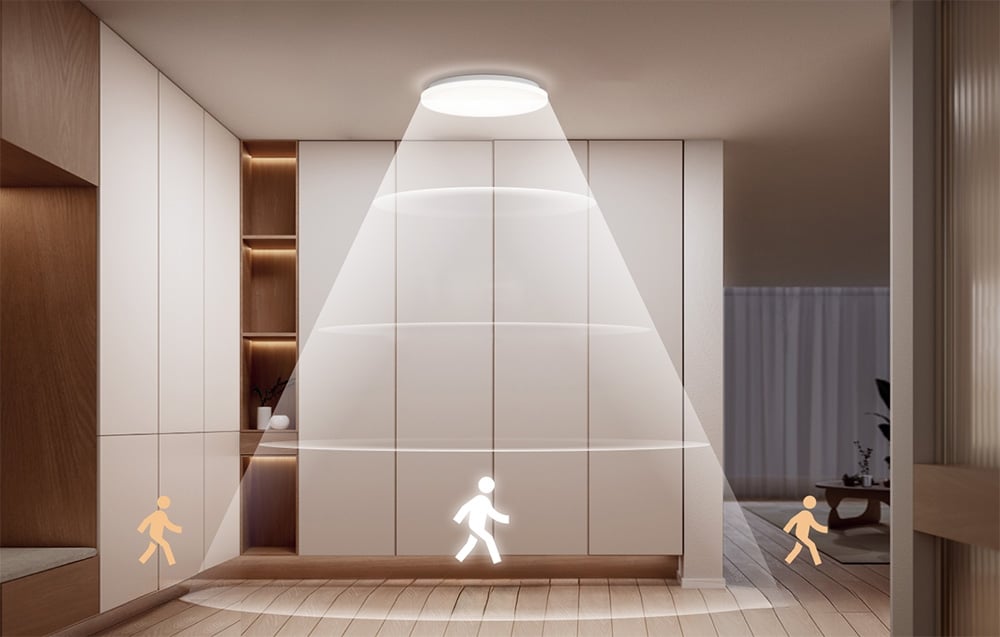 Yeelight MercuryE C260 occupancy sensor ceiling lamp mounted in the hallway, with visualization of the sensor detection field.