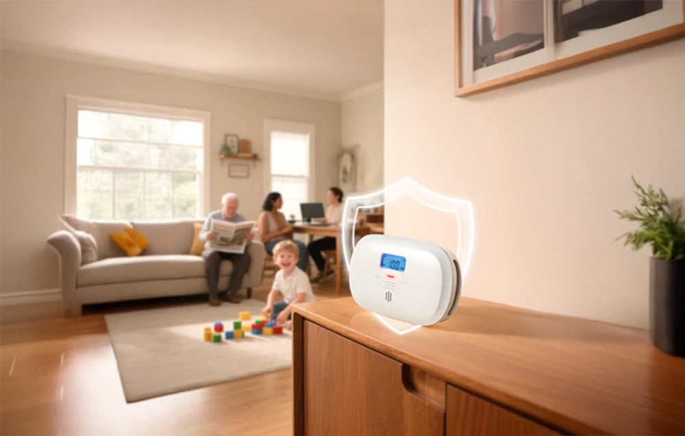 A family in a bright living room, in the foreground an X-Sense carbon monoxide sensor with a blue display placed on a wooden dresser