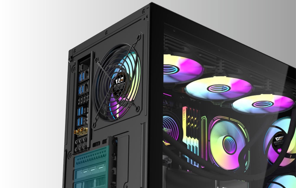 Black computer case with RGB fans fixed.