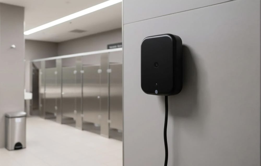 A black presence sensor on the wall in a public hallway leading to the restrooms.