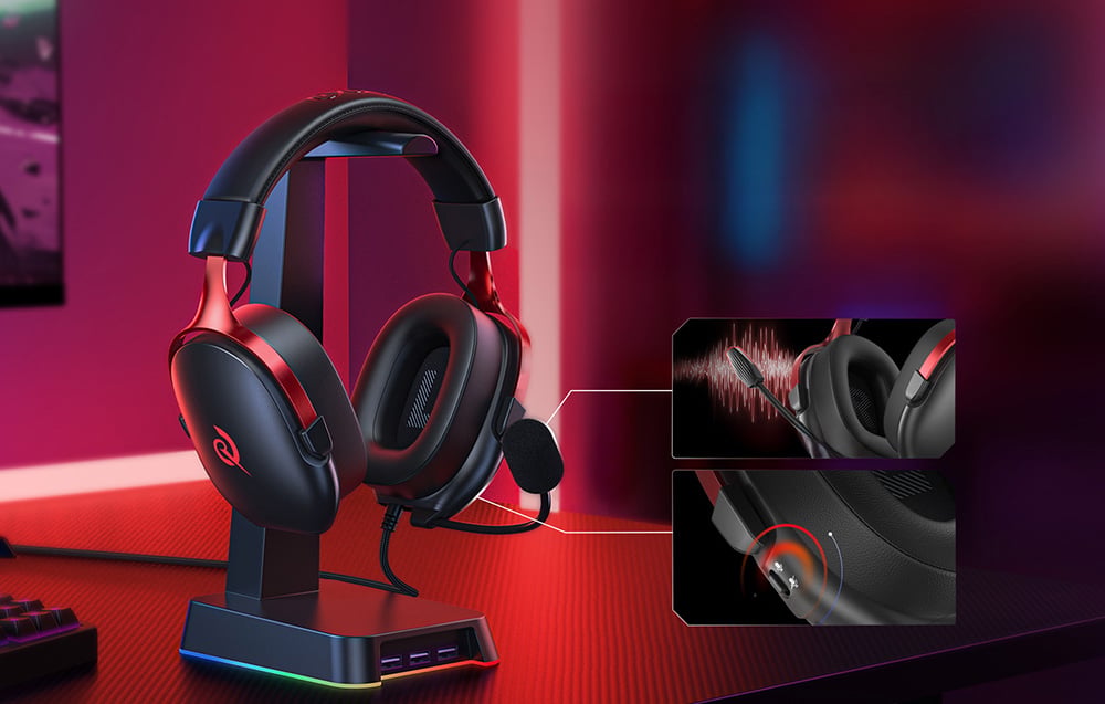 Headset on a backlit stand, close-ups of the microphone and mute button.