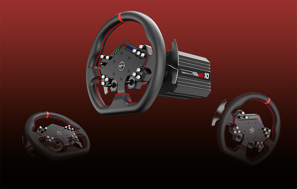 3 black steering wheels with colored buttons on red-black background.