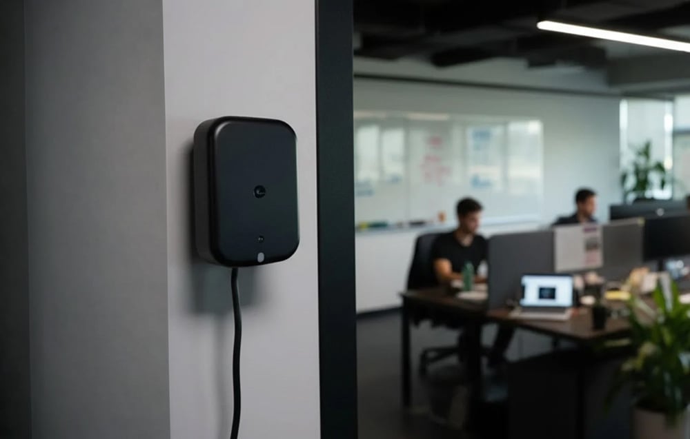 A presence sensor mounted on a wall stud at the entrance to an open-plan office.
