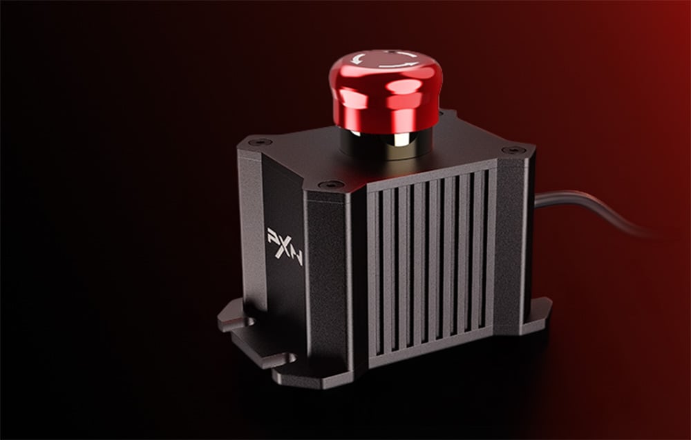 Black PXN module with a red emergency stop button on a red-and-black gradient