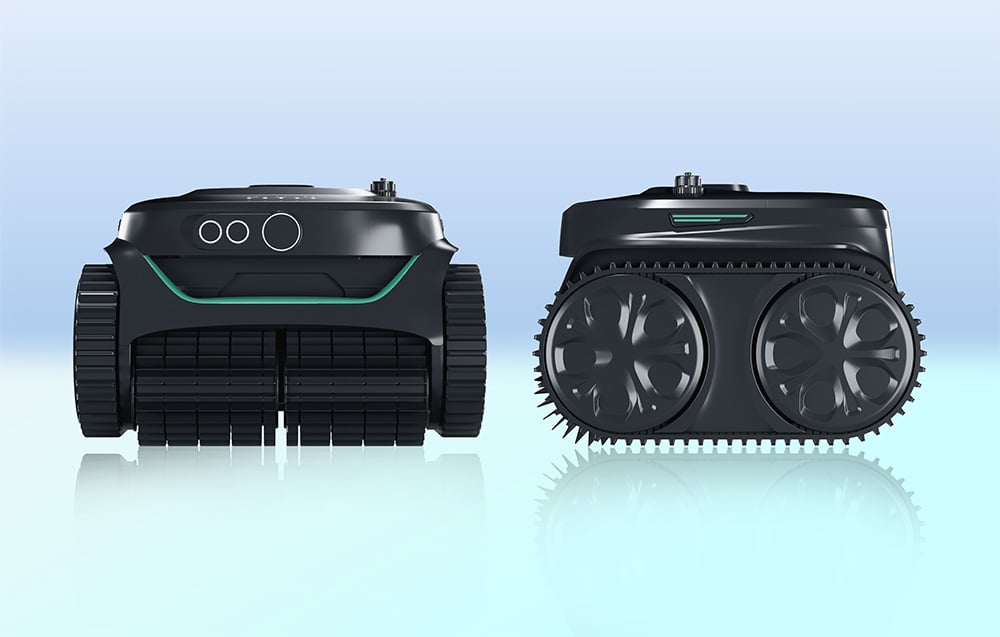 Black pool robot shown from the front and back with turquoise accents, visible tracks and cleaning brushes on a light blue background
