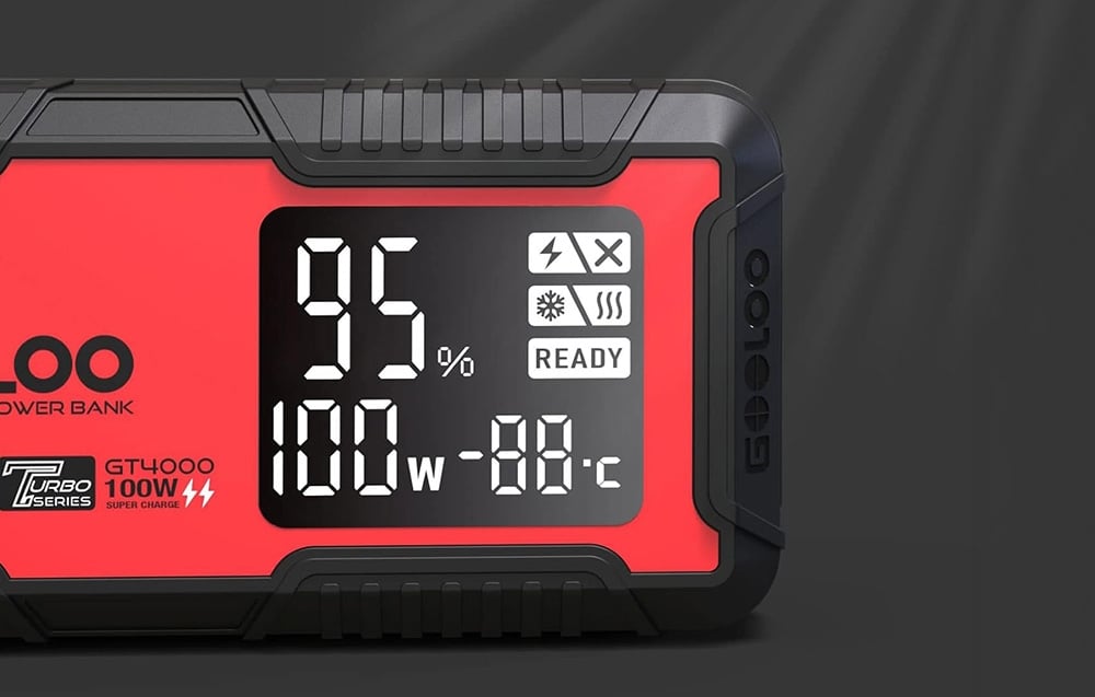 Close-up of the starter display showing 95%, 100 W, and a temperature of 88°C
