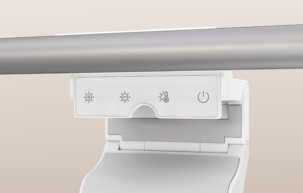 View of the Yeelight lamp’s touch panel with white icons for power, brightness, and color temperature