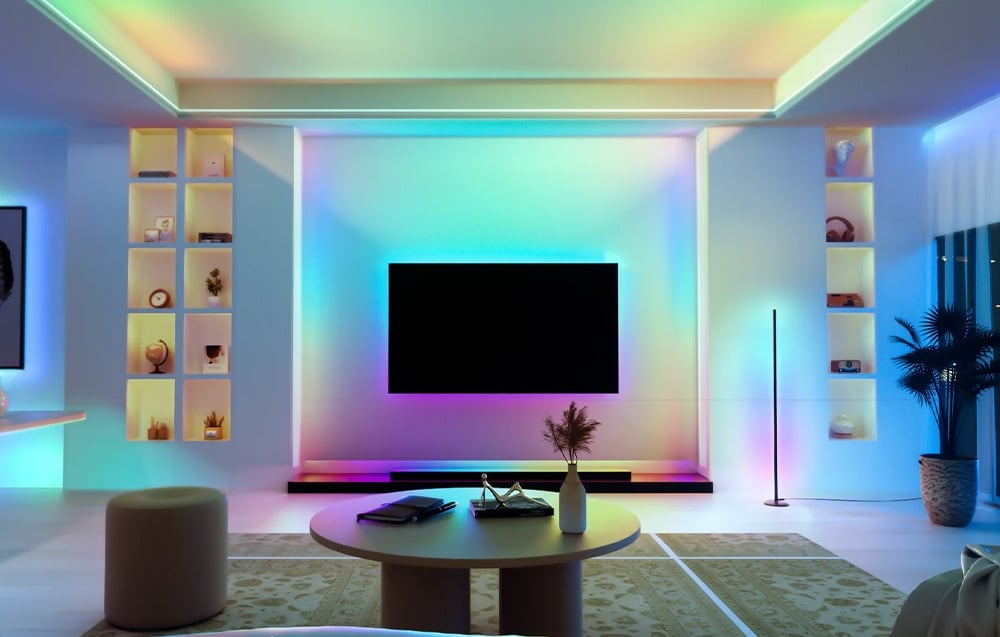 A spacious living room with a TV on the wall, illuminated by multiple colorful streams of light.