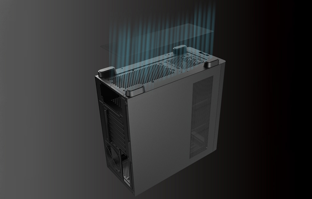 Black computer case with magnetic dust filter seen from below