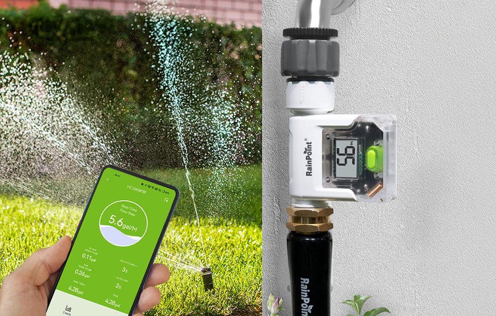On the left, a smartphone with the RainPoint app monitoring water usage; on the right, a meter mounted on a faucet