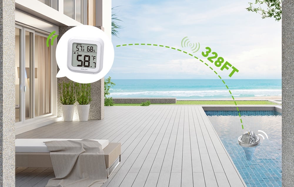 Floating pool temperature sensor connected to a receiver located inside the house 328 ft away