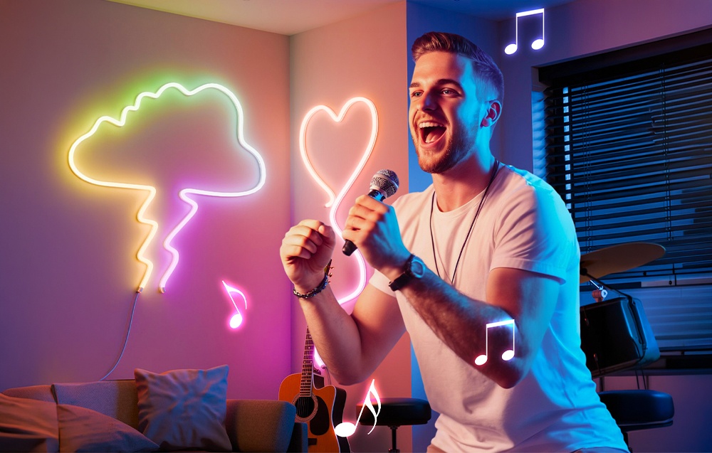 A man singing into a microphone. The background is illuminated by neon shapes of a cloud with lightning and a heart.