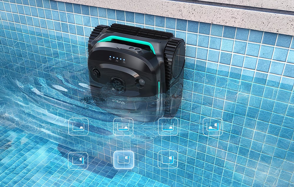 Black pool robot with turquoise stripe cleaning a blue-tiled pool wall, with seven function icons below