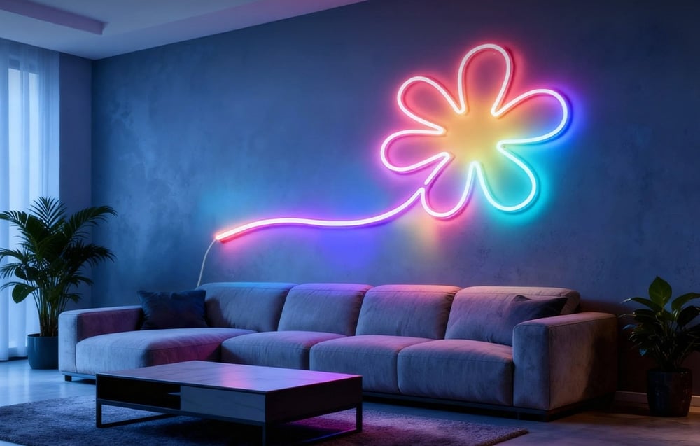 A multicolored flower-shaped neon sign on a dark wall in a modern living room.