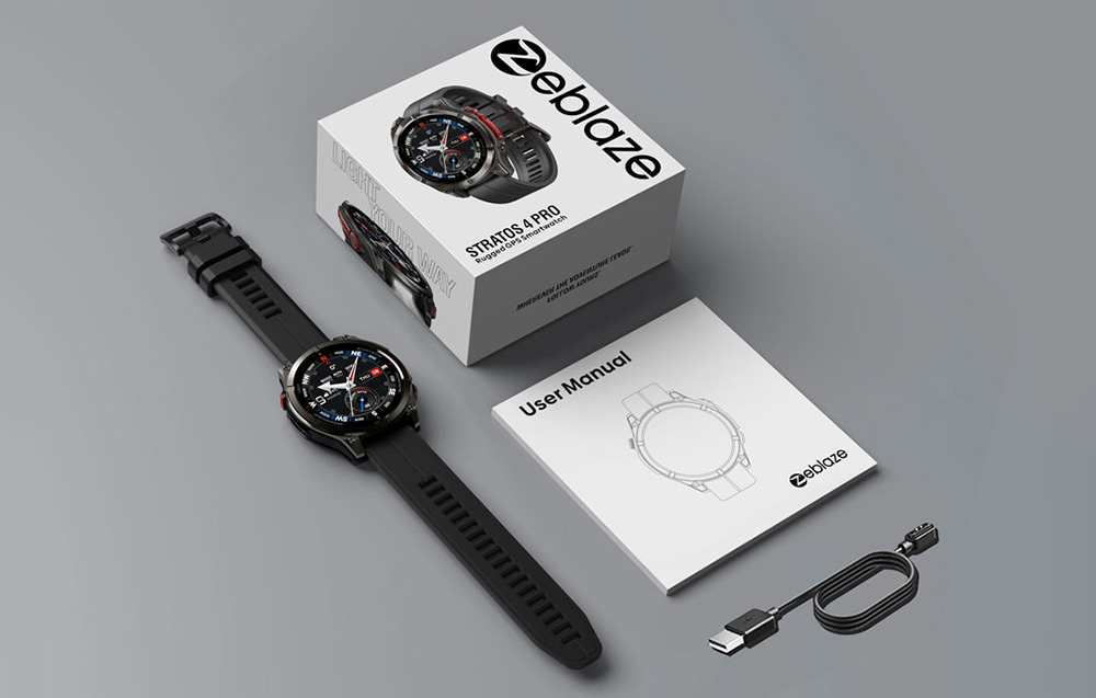 The Zeblaze Stratos 4 Pro smartwatch along with its original box, user manual, and charging cable