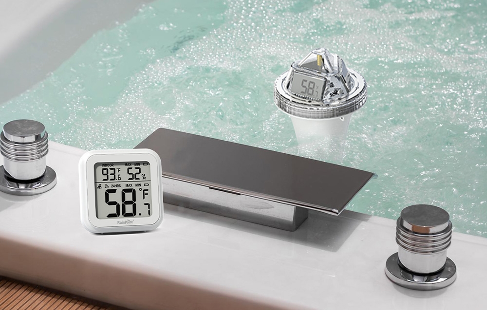 Temperature sensor in the garden pool, next to an indoor receiver displaying a temperature of 58.7 °F