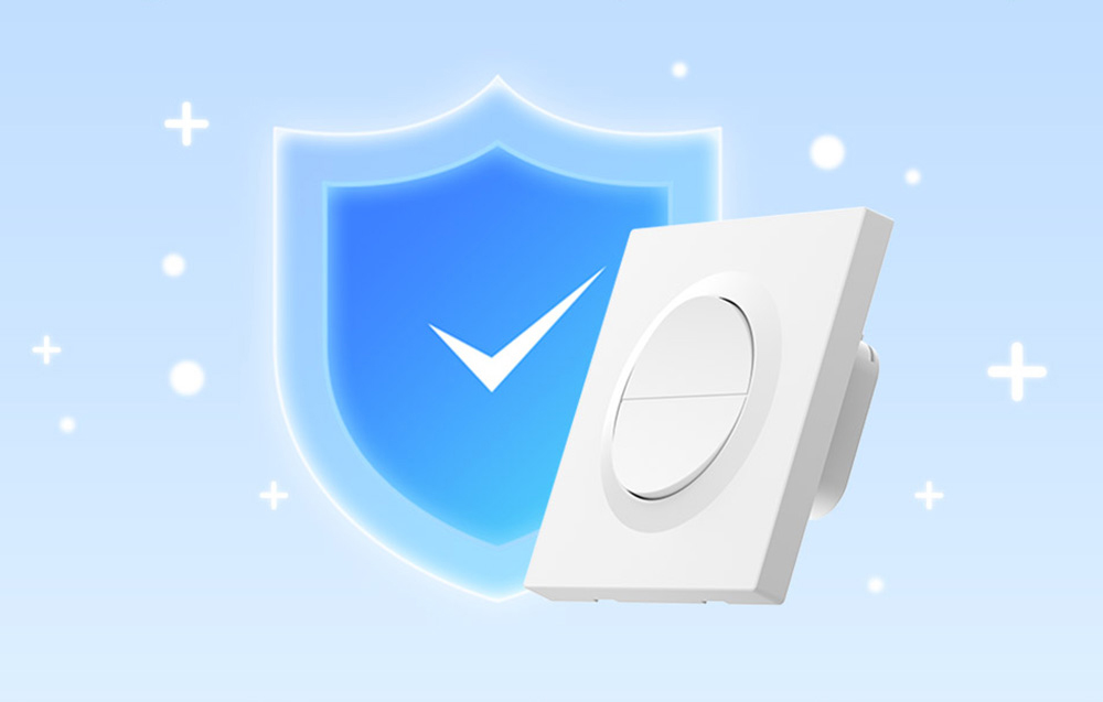 SONOFF wall switch protected by a symbolic blue shield with a white bird representing protection and safety