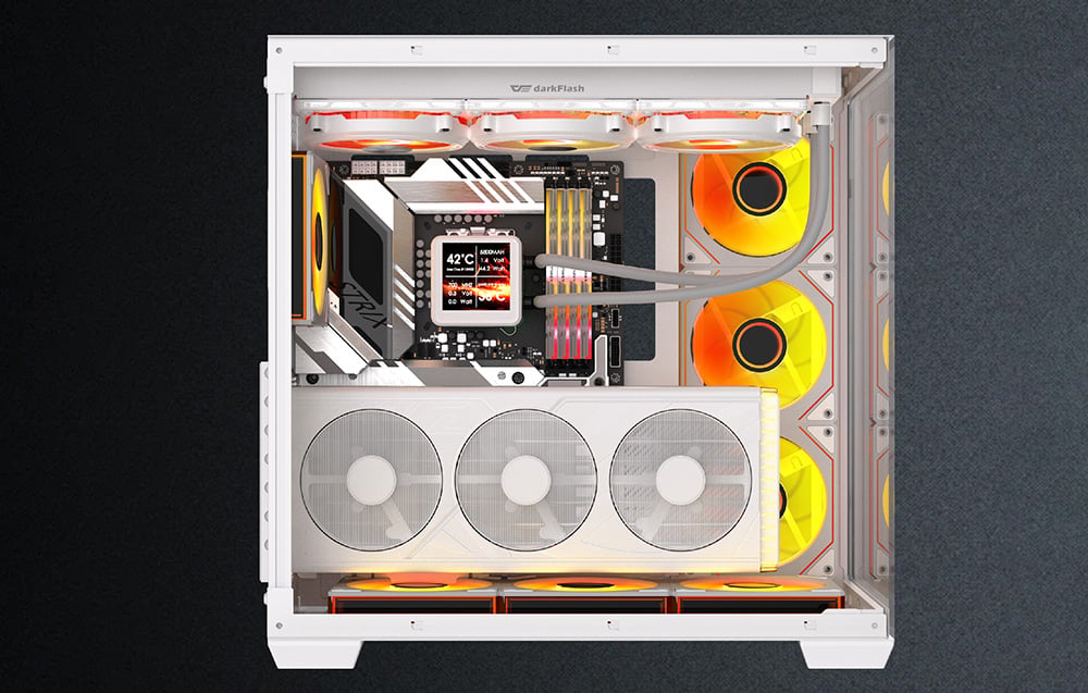 Side view of the glass side panel of the PC case with visible components