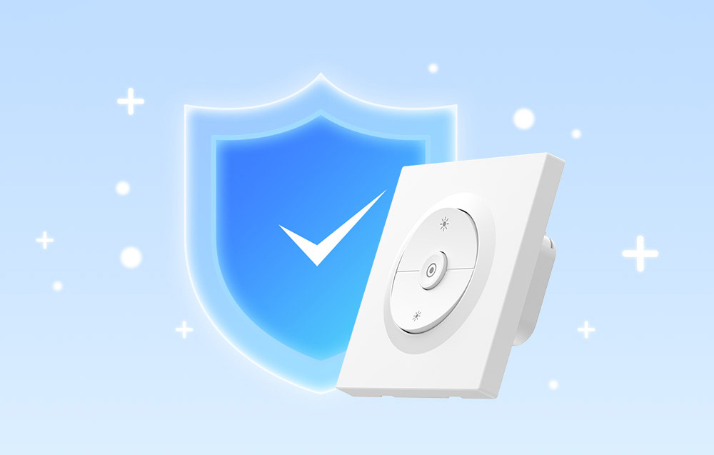 Wall switch next to a blue dial on a white and blue background