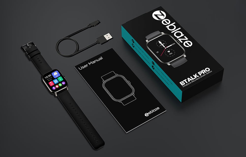 Product set: black Zeblaze Btalk Pro smartwatch, charging cable, user manual, and original box