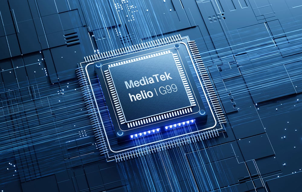 Visualization of a MediaTek Helio G99 processor on a circuit board with blue LED backlighting