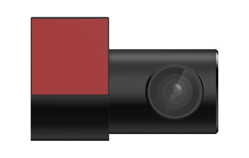 Black rear camera for the dashcam with a visible lens and a red mounting surface