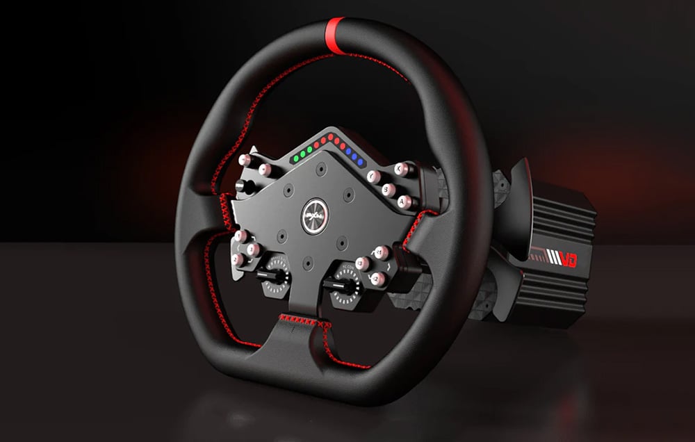 PXN steering wheel with color LED display on top, multiple buttons and analog control knobs on center panel